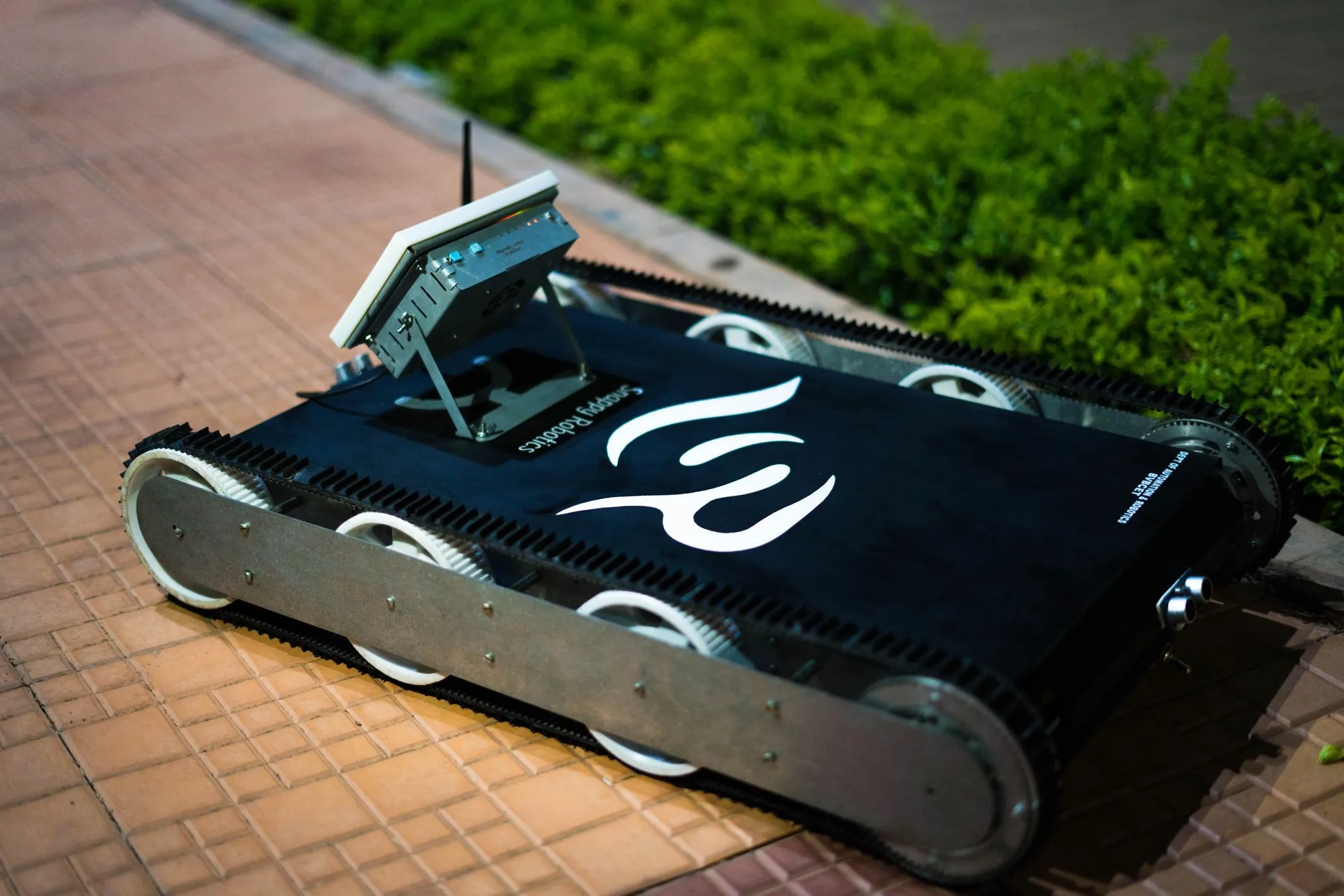 Warehouse robot — front view in workshop