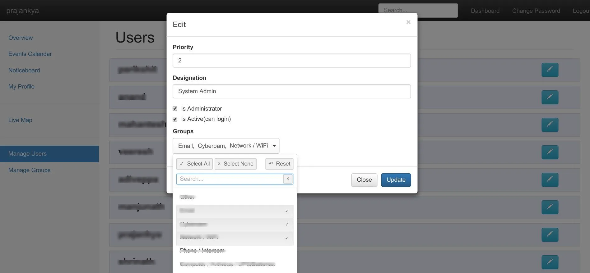 Admin manage groups panel