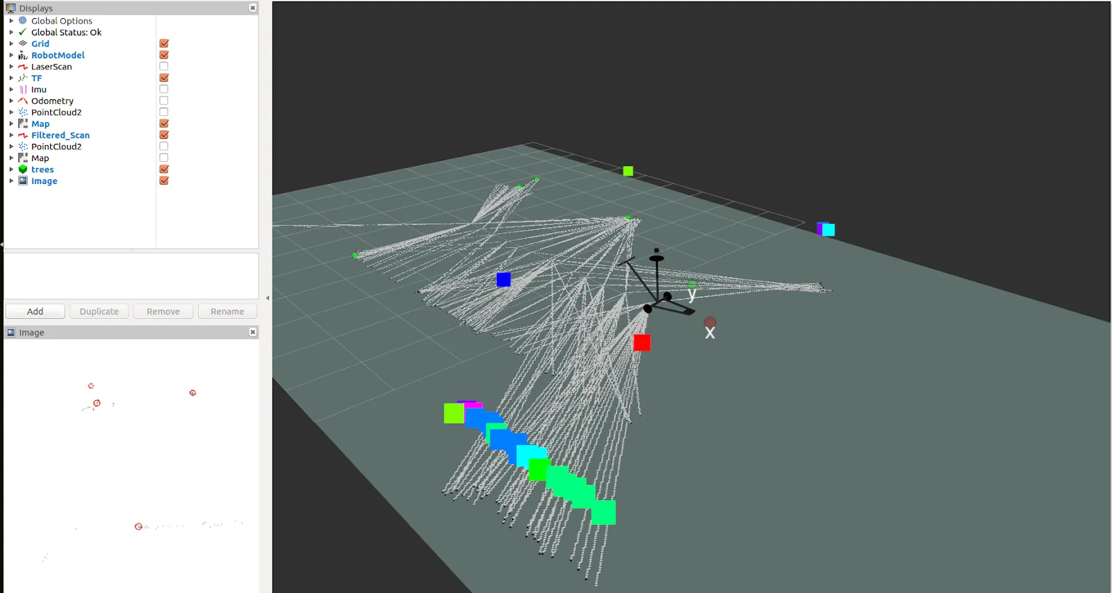 RViz display showing 2D LiDAR scan and tree trunk detections