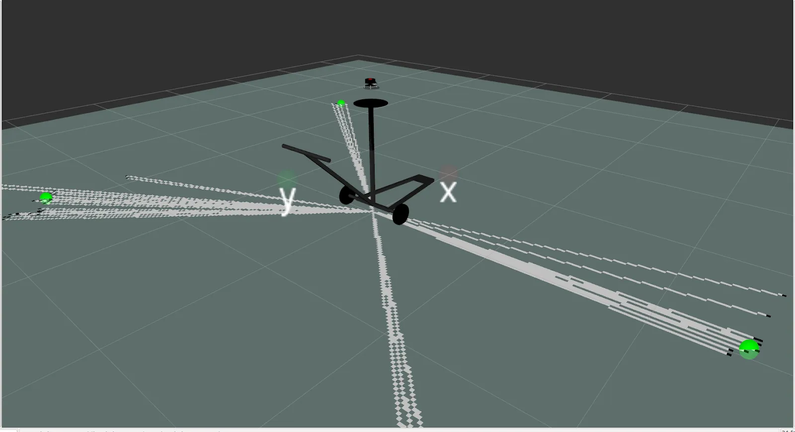 Detected tree trunks shown as green spheres in RViz